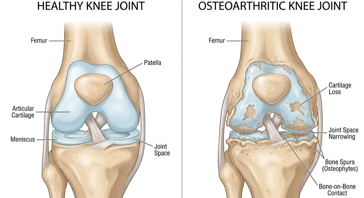 Illustration of knee arthritis affecting joint cartilage