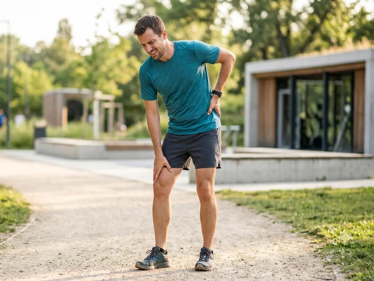 Active adult pausing with hip discomfort after exercise