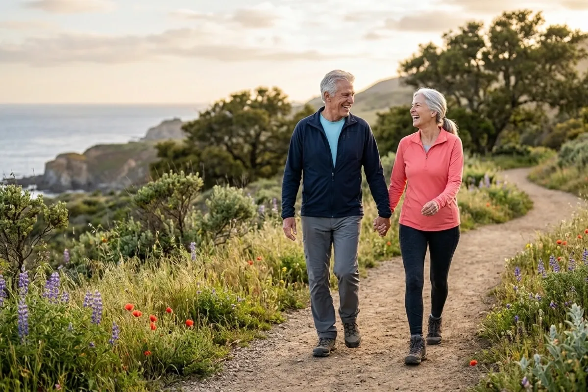Active senior couple walking outdoors after hip replacement treatment