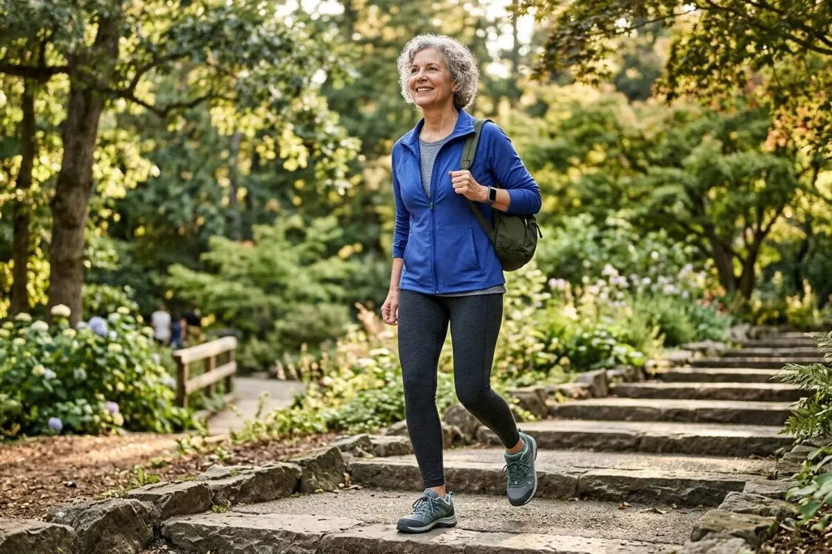 Active older adult walking up steps after knee treatment
